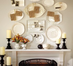 A cottage-style mantle with decorative plates.