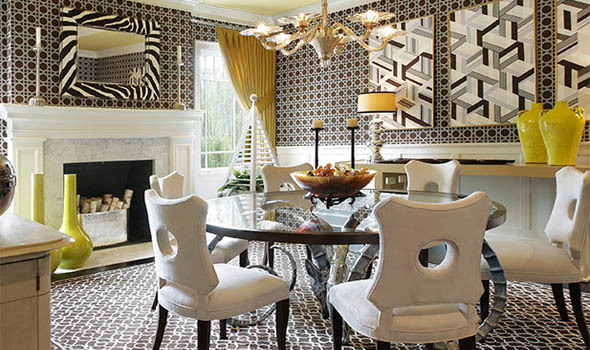 A dining room with zebra wallpaper and a fireplace, perfect for decorating with geometrics.