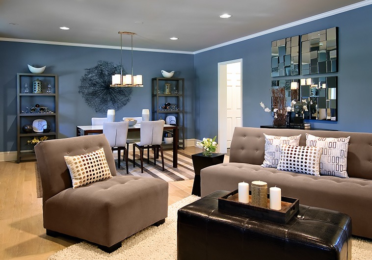 A living room with blue walls and brown furniture showcasing beautiful color combinations.