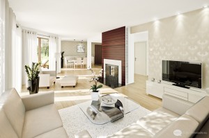 A living room with white furniture and a fireplace decorated with white.