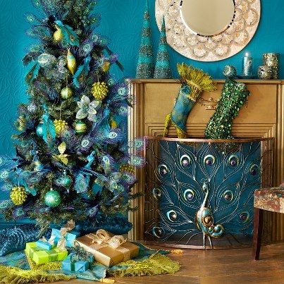 A Christmas tree adorned with peacock feathers in blue and gold, for those who enjoy decorating with birds during the holiday season.