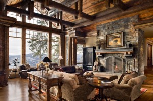 A rustic living room with a fireplace.