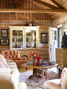 A rustic living room in a log cabin.