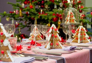 Festive Christmas table setting with gingerbread trees.