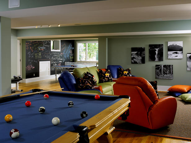 A game room with a pool table for home entertainment.