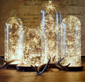 Glass jars adorned with lights and deer antlers.