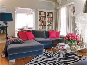 A living room with versatile and durable acrylic furniture, a zebra rug, and pink pillows.