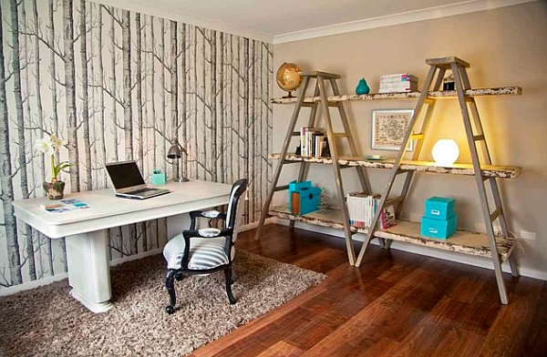 Creative home office with a desk and ladder for DIY shelving ideas.