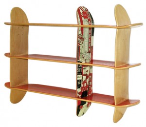 A creative wooden shelf with do-it-yourself skateboard display.