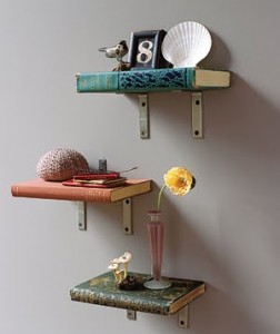 Three shelves with creative ideas and DIY items on them.