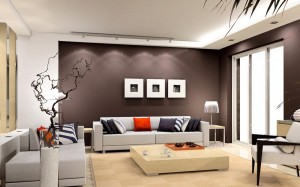 A modern living room with a proper balance of brown walls and white furniture.