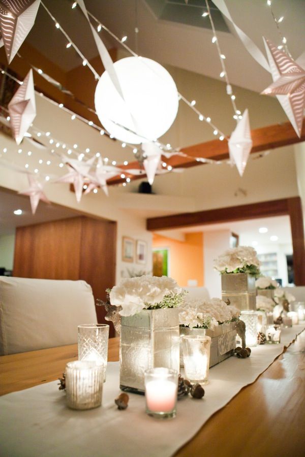 A table is decorated with paper lanterns and candles for a New Year's Eve party.