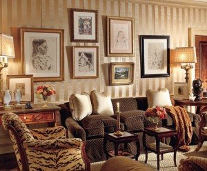 A living room with framed pictures.