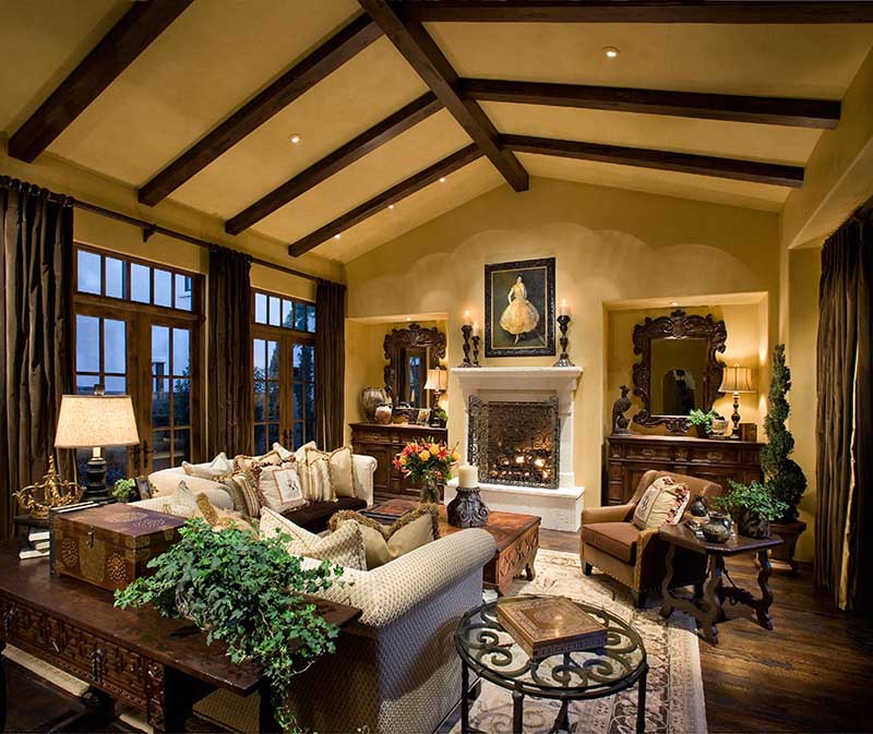 Creating a Cozy Living Space with wood beams and a fireplace.