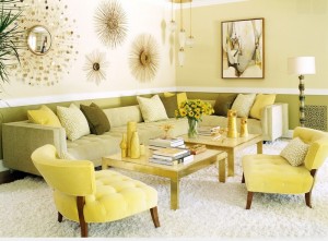 A vibrant living room with yellow furniture and accessories.
