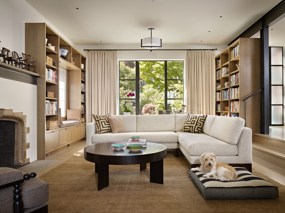A living room with bookshelves and a dog laying on the floor, perfect for designing a space in your home for your dog.