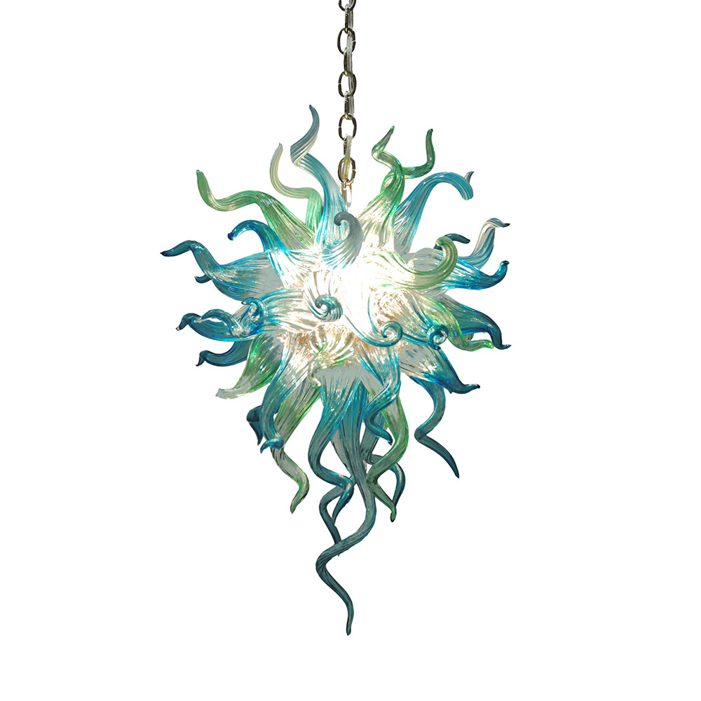 A shimmering glass chandelier hanging from a chain.