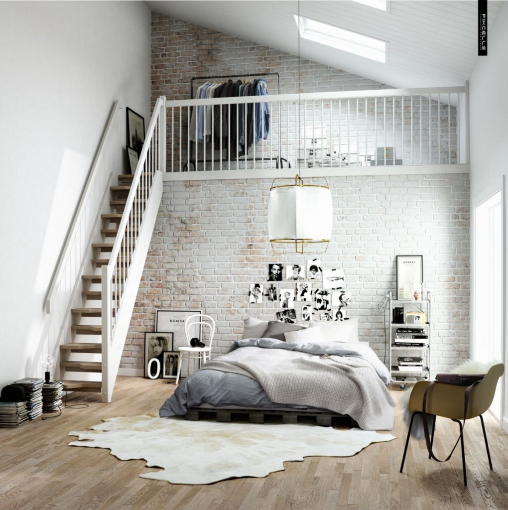 A bedroom with a white staircase and a hint of Scandinavian design.