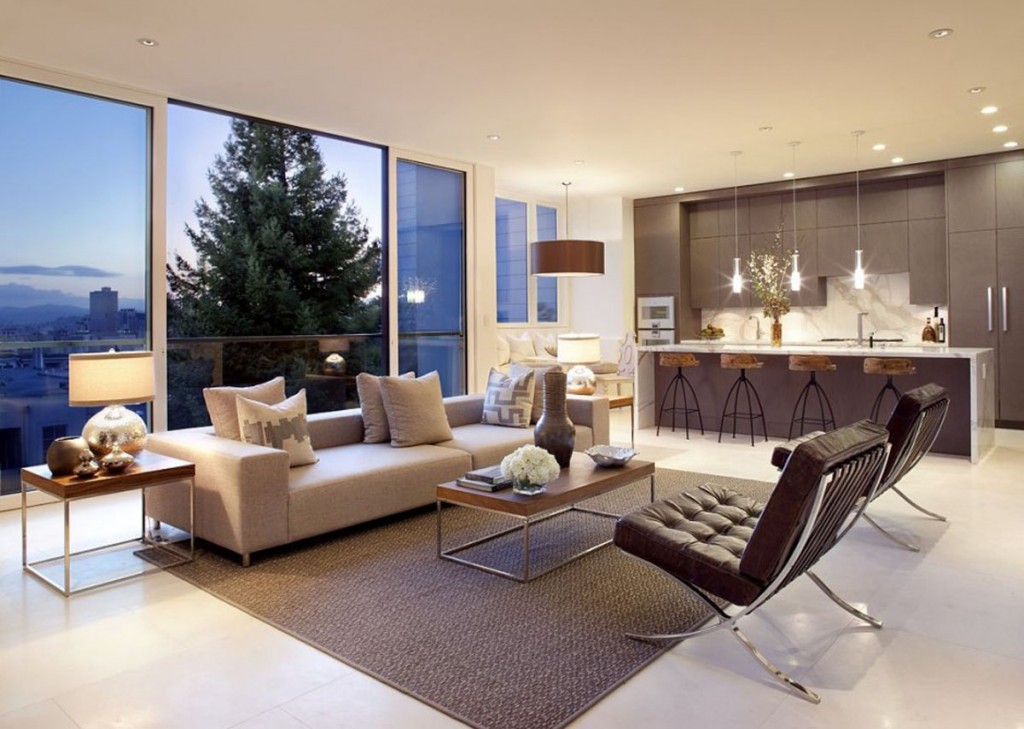 A living room for creating a functional entertaining space with large windows overlooking the city.