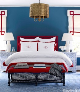 A blue and white bedroom incorporating top bedroom colors of 2015.