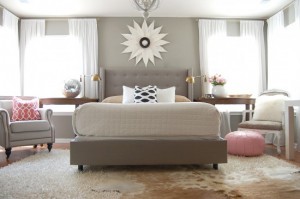 A gray bedroom with pink accents, one of the top bedroom colors of 2015.