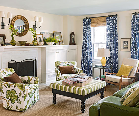 A living room with green floral curtains.