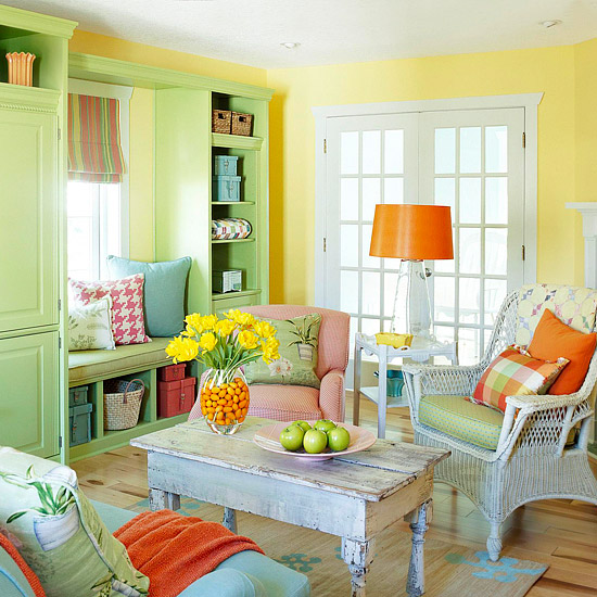 A citrus-inspired living room with wicker furniture.