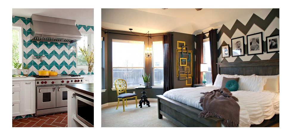 Two pictures of a bedroom with chevron patterned walls showcasing interior design trends for 2015.