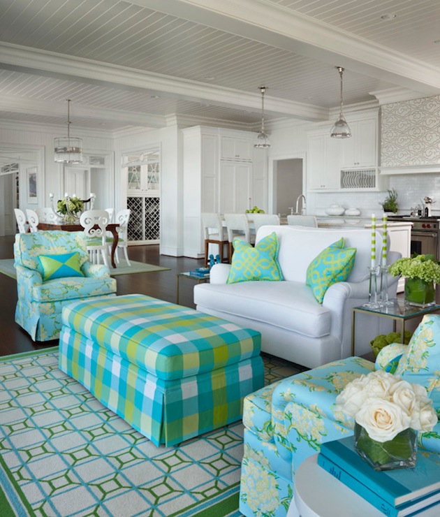 A living room with blue and green florals.