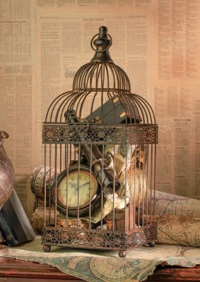 A vintage birdcage with a clock on top, perfect for decorating.