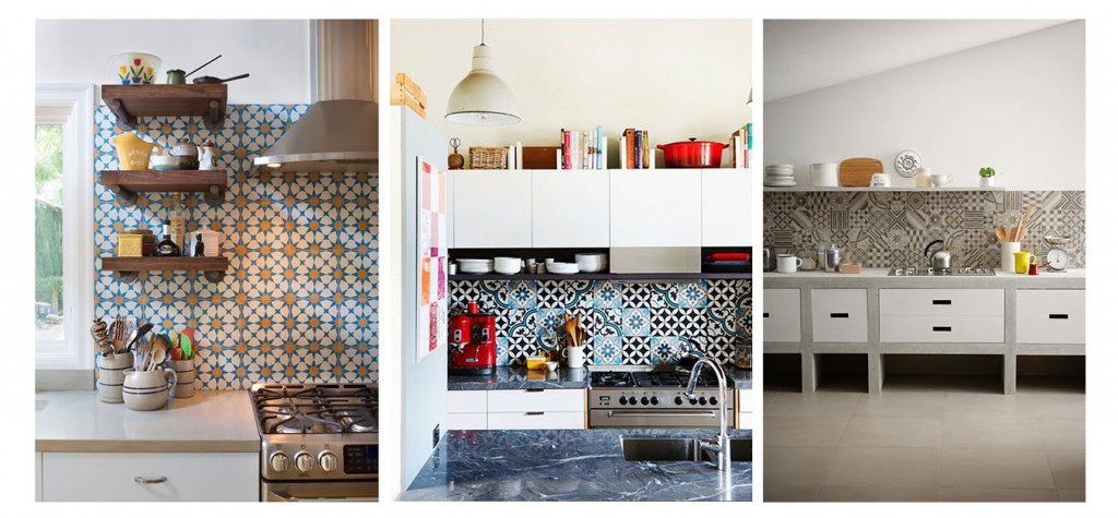 A collage of pictures showcasing kitchen interiors with tiled backsplashes, highlighting interior design trends for 2015.