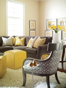 A living room with gray interiors and a grey couch.