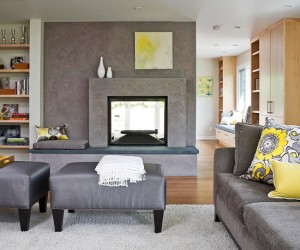 Gray interiors with yellow accents.