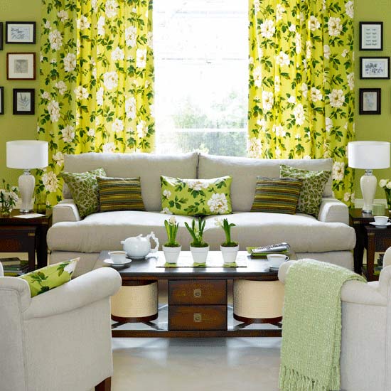 A living room with floral curtains.