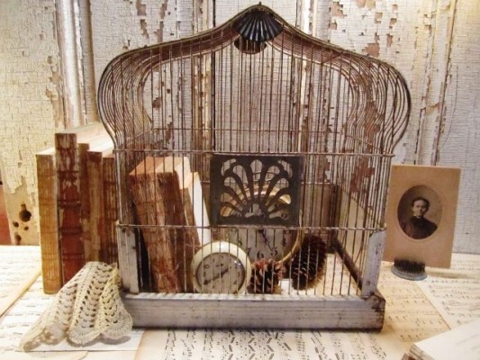 Decorating with Vintage Bird Cages: A bird cage is sitting on top of a table.
