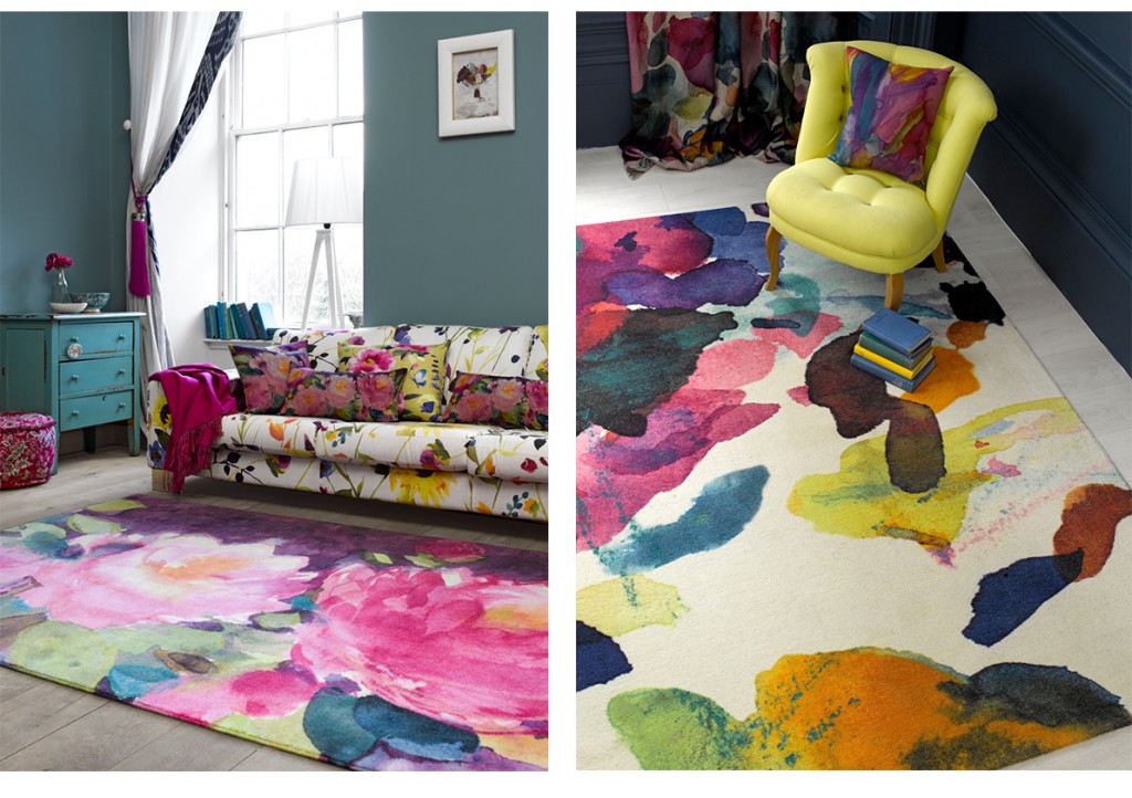 A living room with colorful rugs and pillows showcasing interior design trends for 2015.