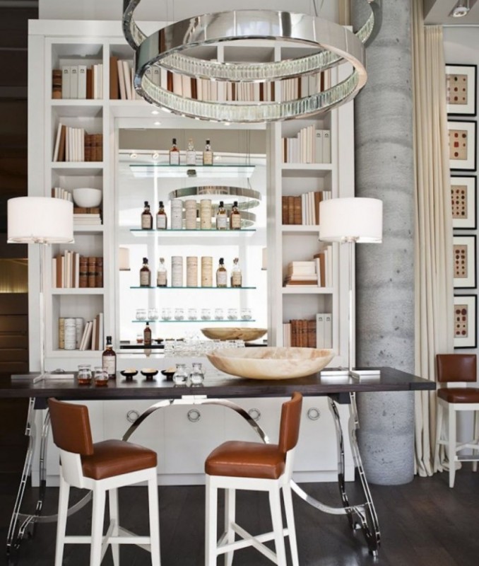 Bookshelf-home-bars-with-white-shelf-and-stunning-table