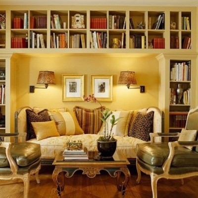 A home library with bookshelves.