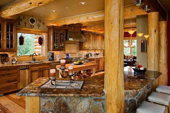 Other natural elements highlight this log home kitchen (ARCD-5615)