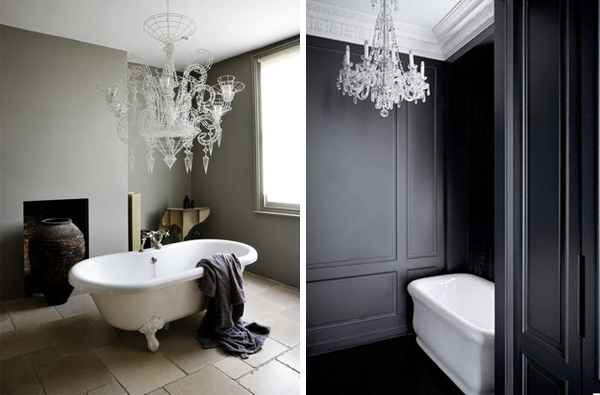 Two pictures of a bathroom featuring a chandelier lighting.