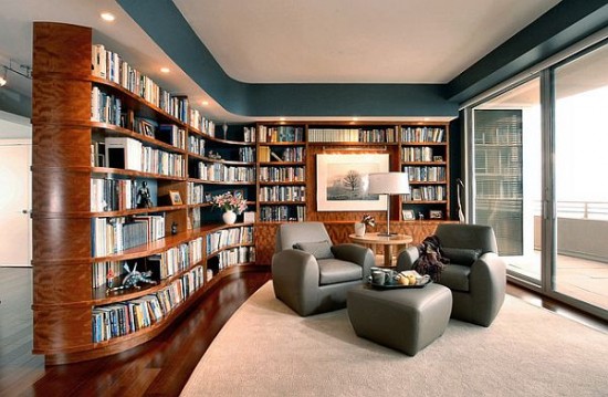 A home library with chairs in the living room.