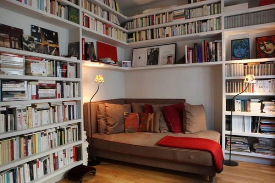 A home library with bookshelves.