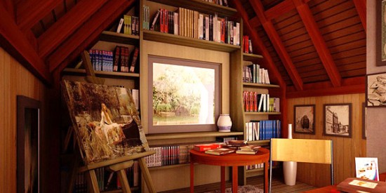 A home library with bookshelves and a desk.