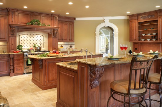 A kitchen with a center island.
