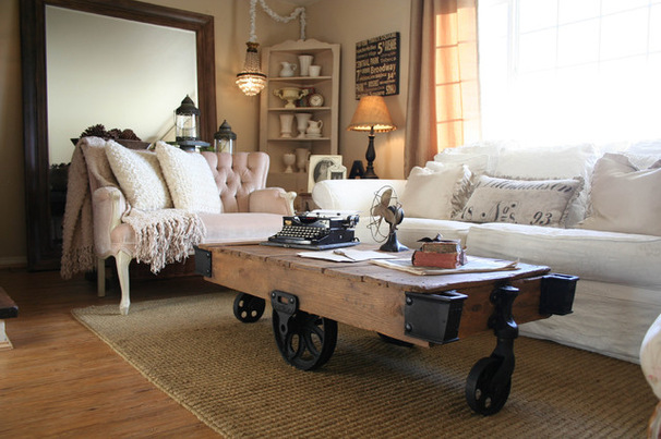 A living room with a versatile coffee table alternative on wheels.