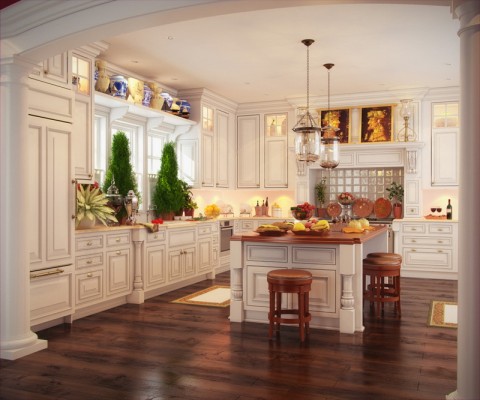A 3D rendering of a traditional kitchen with white cabinets.