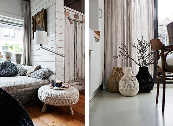 Two pictures of a living room featuring knits in home décor.