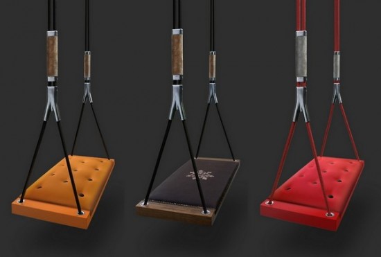 A set of swings with unexpected colors on them.