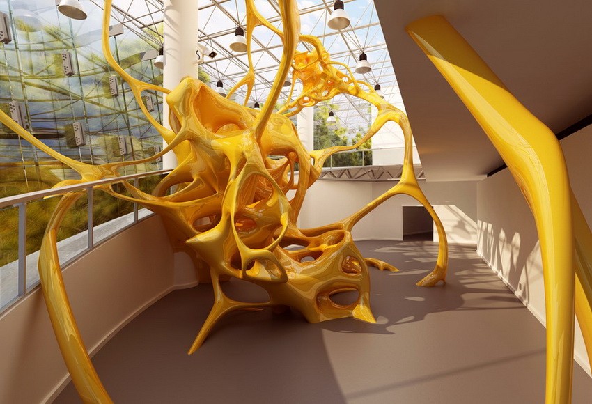 A large yellow 3D-printed sculpture in a museum.