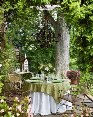 A table is set in a backyard under a pergola for dining.